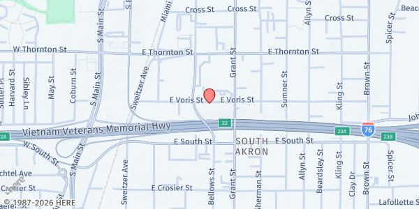 Map showing St. Paul Holiness Church of God Pantry at 196 E Voris St, Akron, OH