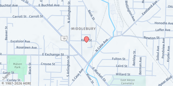 Map showing SVDP - Fr. Hilkert Ozanam Center at 93 Kent St., Akron, OH