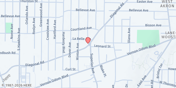 Map showing Tower of Prayer Pantry at 1334 Diagonal Rd, Akron, OH