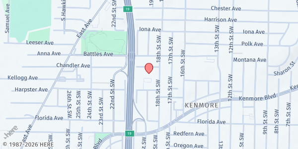 Map showing Unity Holiness Ministries Pantry at 1019 Harpster Ave, Akron, OH