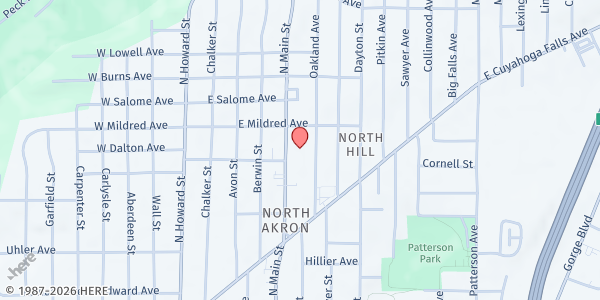 Map showing Vine Community Outreach Ministry at 915 N. Main St., Akron, OH
