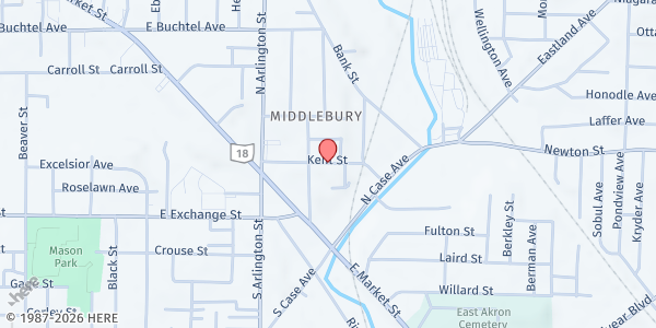 Map showing Visitation Of Mary Catholic Church at 55 Broad St, Akron, OH