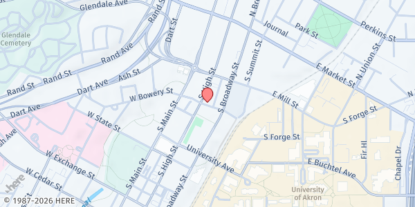 Map showing Zion Lutheran Church - Akron at 139 S. High St., Akron, OH