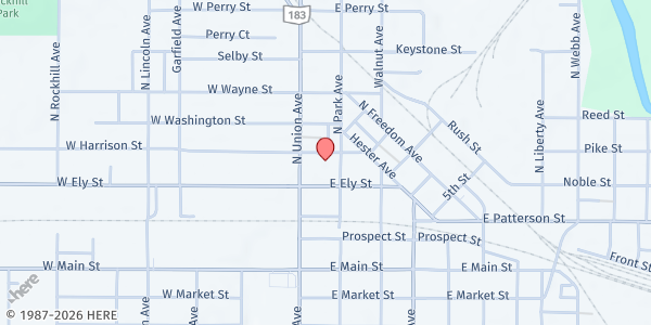 Map showing First Assembly of God Alliance at 45 E Harrison St., Alliance, OH