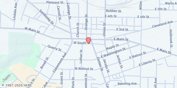 Map showing Ashland County Food Bank at 121 South St W, Ashland, OH