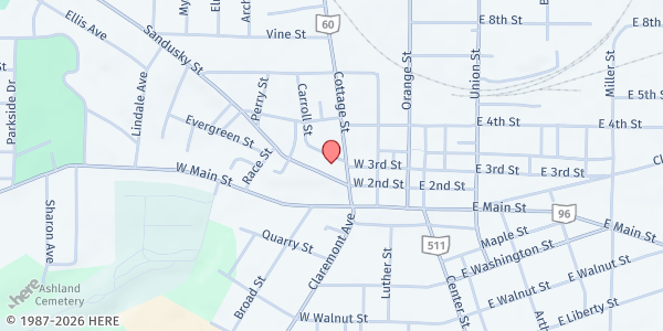 Map showing Ashland First United Methodist Church at 220 Sandusky Street, Ashland, OH