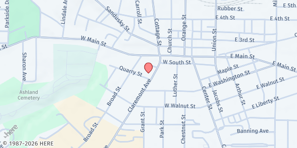 Map showing Ashland Public Library at 224 Claremont Avenue, Ashland, OH