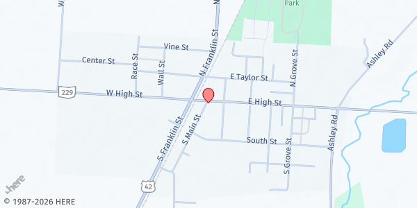Map showing Buckeye Valley Food Pantry at 101 East High Street, Ashley, OH