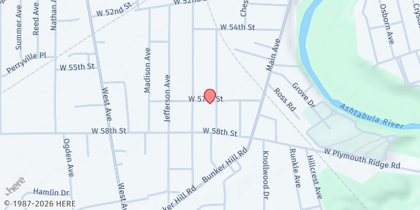 Map showing Ashtabula Dream Center at 604 W 57th St, Ashtabula, OH