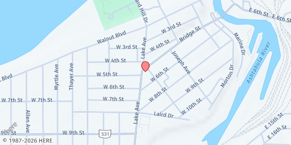 Map showing Faith Lutheran Church at 504 Lake Ave, Ashtabula, OH
