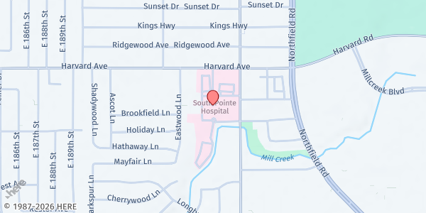 Map showing Cleveland Clinic South Pointe at 20000 Harvard Ave, Beachwood, OH