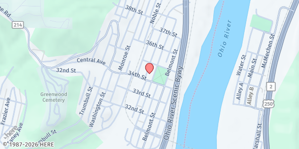 Map showing The Living Bread Kitchen at First United Methodist Church at 3402 Guernsey Street, Bellaire, OH