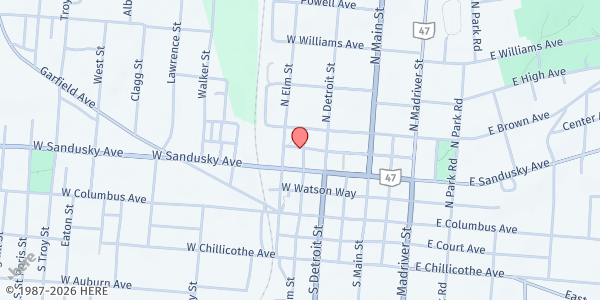 Map showing First Lutheran Church at 223 Oakland Square, Bellefontaine, OH