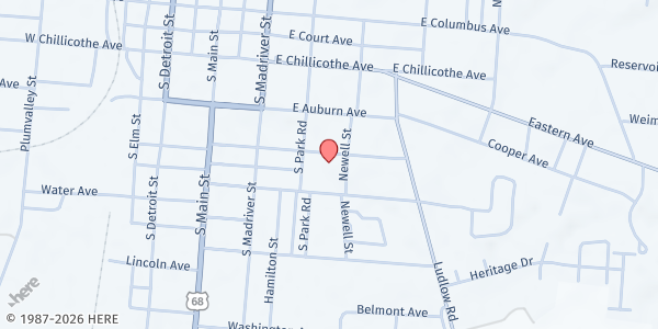 Map showing St Vincent de Paul - Bellefontaine at 316 E Patterson Ave, Bellefontaine, OH