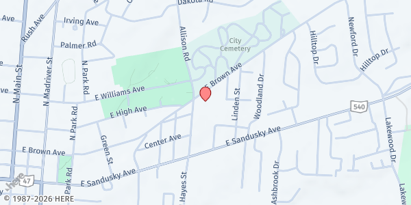 Map showing Wake Up the World Ministries at 600 E Brown St, Bellefontaine, OH