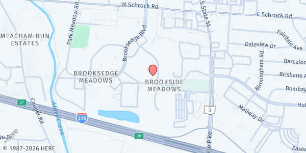 Map showing WARM Pantry Office at 150 Heatherdown Drive, Brookside Meadows, OH