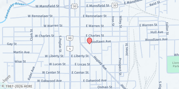 Map showing First Baptist Church Food Pantry at 235 Woodlawn Ave., Bucyrus, OH