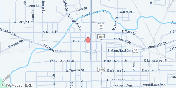 Map showing New Day Ministries Food Pantry at 133 N. Sandusky St., Bucyrus, OH