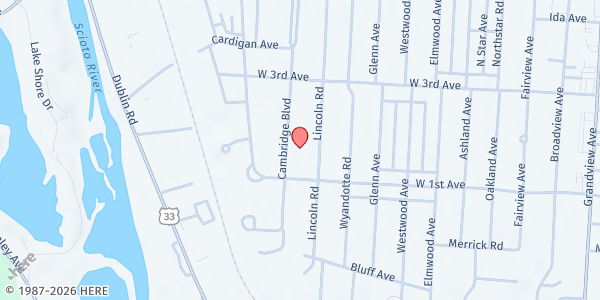 Map showing Heart to Heart Pantry at First Community Church at 1320 Cambridge Boulevard, Cambridge Place, OH