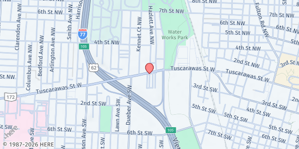 Map showing Jesus Christ People Care Center - Pantry Location at 1612 Tuscarawas St W, Canton, OH