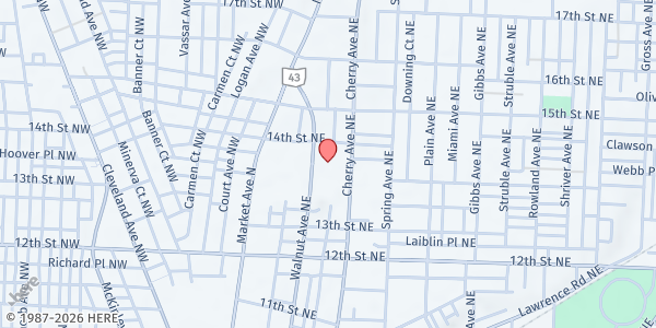 Map showing Keith D Monda Family Food Pantry at 1365 Cherry Ave NE, Canton, OH