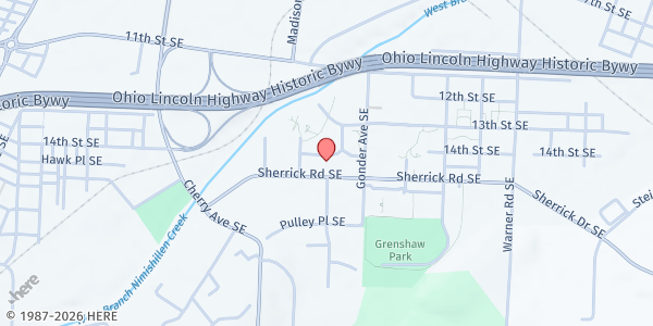 Map showing Sherrick Road Church of God at 1121 Sherrick Rd. SE, Canton, OH