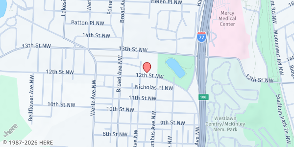 Map showing Westbrook Park Church at 2521 12th St. NW, CANTON, OH