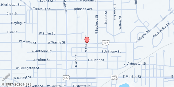 Map showing Mercer County Monthly Food Distribution - Galleria Lot at 909 E Wayne St., Celina, OH