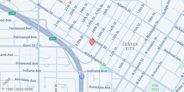 Map showing Cherry Street Mission Ministries Mac Street Cafe Life Revitalization Center at 1501 Monroe Street, Center City, OH