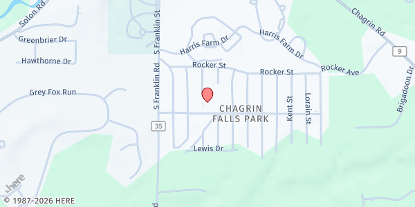 Map showing Chagrin Falls Park Community Center at 7060 Woodland Ave, Chagrin Falls, OH