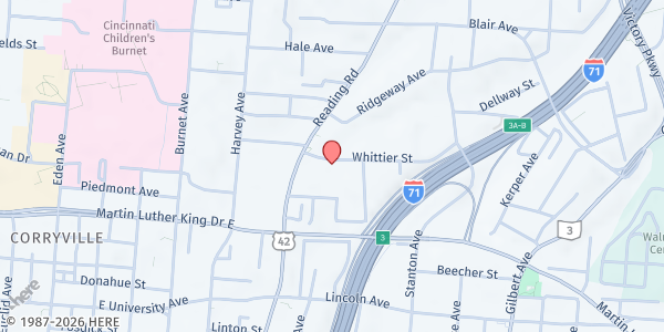 Map showing Adventist Outreach at 725 Whittier St, Cincinnati, OH