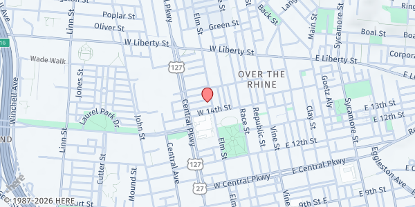 Map showing City Gospel Mission at 1419 Elm Street, Cincinnati, OH