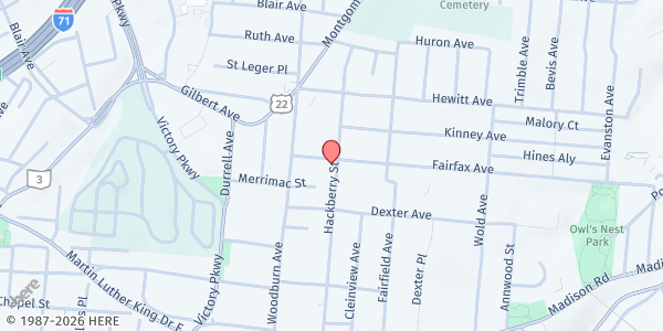 Map showing Evanston Community Council at 1627 Fairfax Ave, Cincinnati, OH