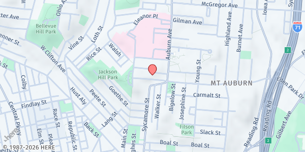 Map showing First Baptist Church of Mt. Auburn at 146 Dorchester, Cincinnati, OH