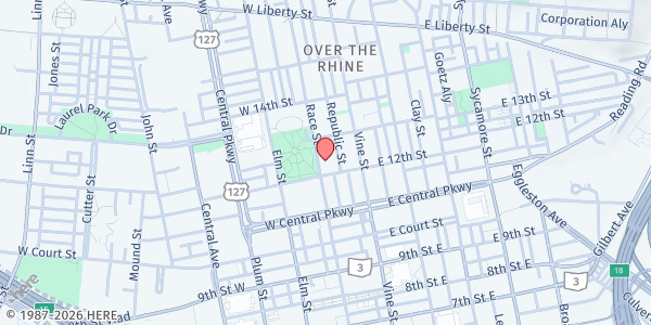 Map showing First Lutheran Church at 1208 Race St., Cincinnati, OH