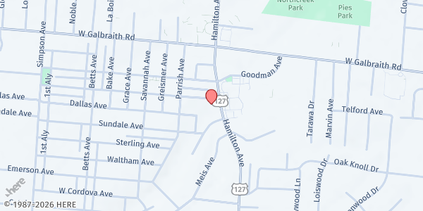 Map showing Greater Grace Christian Ministry at 6717 Hamilton Avenue, Cincinnati, OH
