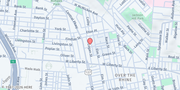 Map showing Mercy Franciscan at St. John at 1800 Logan St, Cincinnati, OH