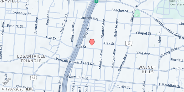 Map showing Morning Star Baptist Church at 722 Oak St., Cincinnati, OH