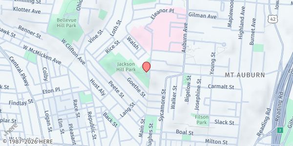 Map showing Mt. Auburn First Baptist Church at 2011 Elinore Place, Cincinnati, OH