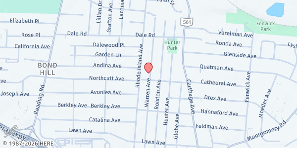 Map showing NEB Church at 5407 Warren Avenue, Cincinnati, OH