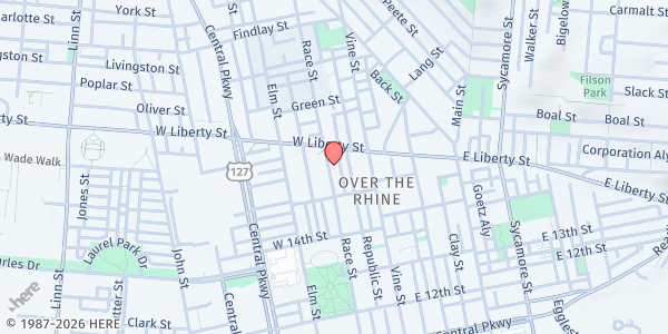 Map showing Prince of Peace Lutheran Church at 1528 Race St, Cincinnati, OH