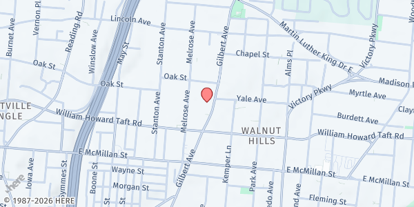 Map showing Queen City Kitchen at 2631 Gilbert Ave., Cincinnati, OH