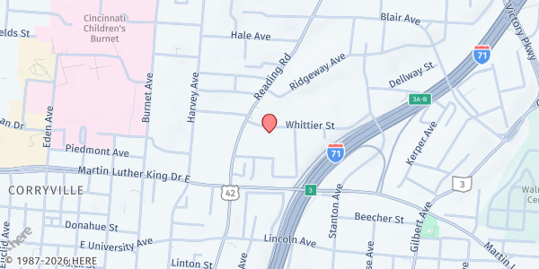 Map showing Rescue Community Center at 725 Whittier St, Cincinnati, OH