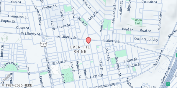 Map showing St. Francis St. Joseph Catholic Worker House at 1437 Walnut Street, Cincinnati, OH