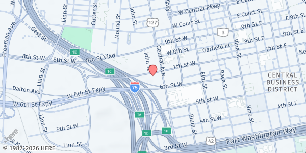 Map showing Union Baptist Church Food Pantry at 405 West 7th Street, Cincinnati, OH