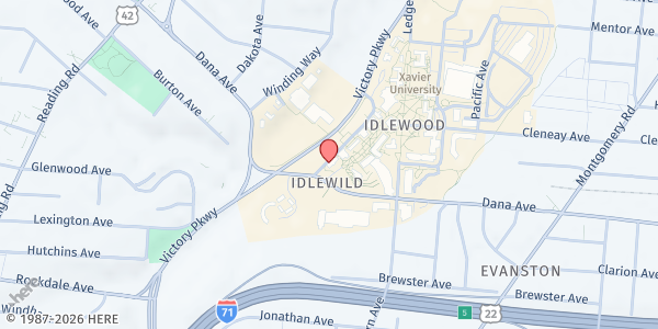 Map showing Xavier University: The Store at 3800 Victory Parkway, Cincinnati, OH