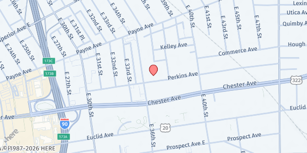 Map showing Asian Services In Action Inc - Food Pantry at 3631 PERKINS AVE STE 2AW, Cleveland, OH