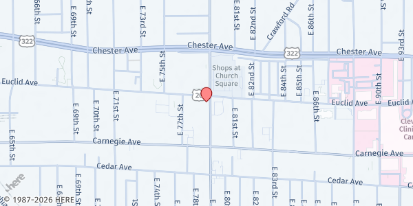 Map showing Calvary Presbyterian Church at 2020 E 79th St, Cleveland, OH