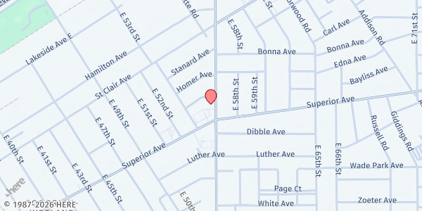Map showing Church of The Lion of Judah at 1486 E 55th St, Cleveland, OH