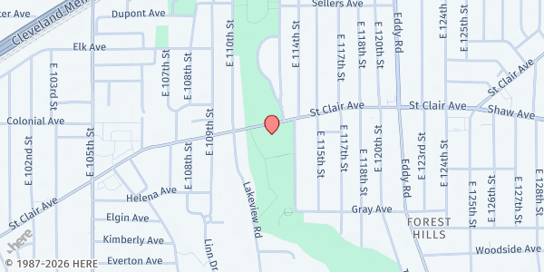 Map showing City of Cleveland Dept of Health - J. GLEN SMITH at 11100 St Clair Ave, Cleveland, OH